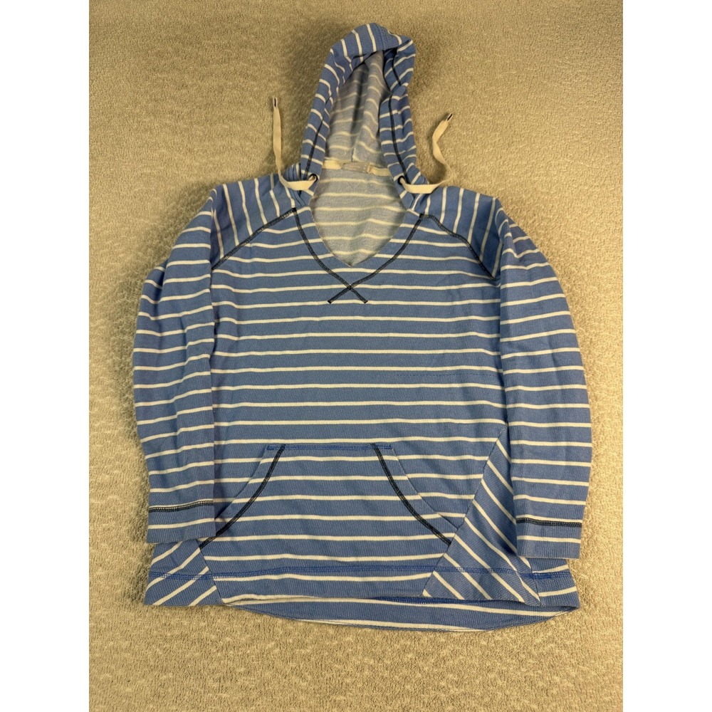 Columbia Hoodie Womens Medium Blue White Striped Pullover Lightweight Sweater